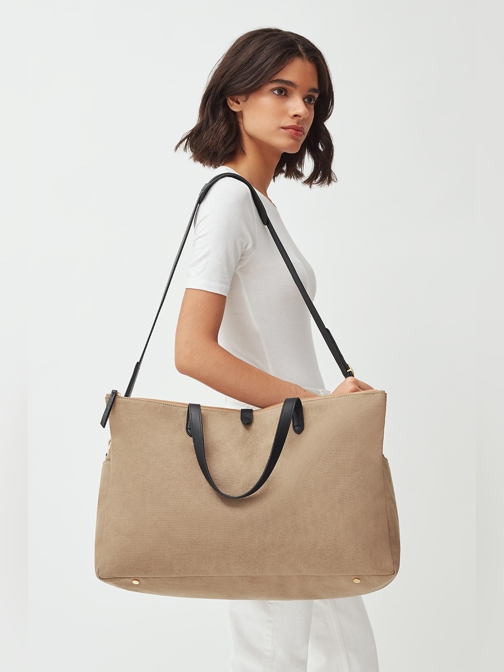 Cuyana Tan Canvas Tote with Black Leather Straps